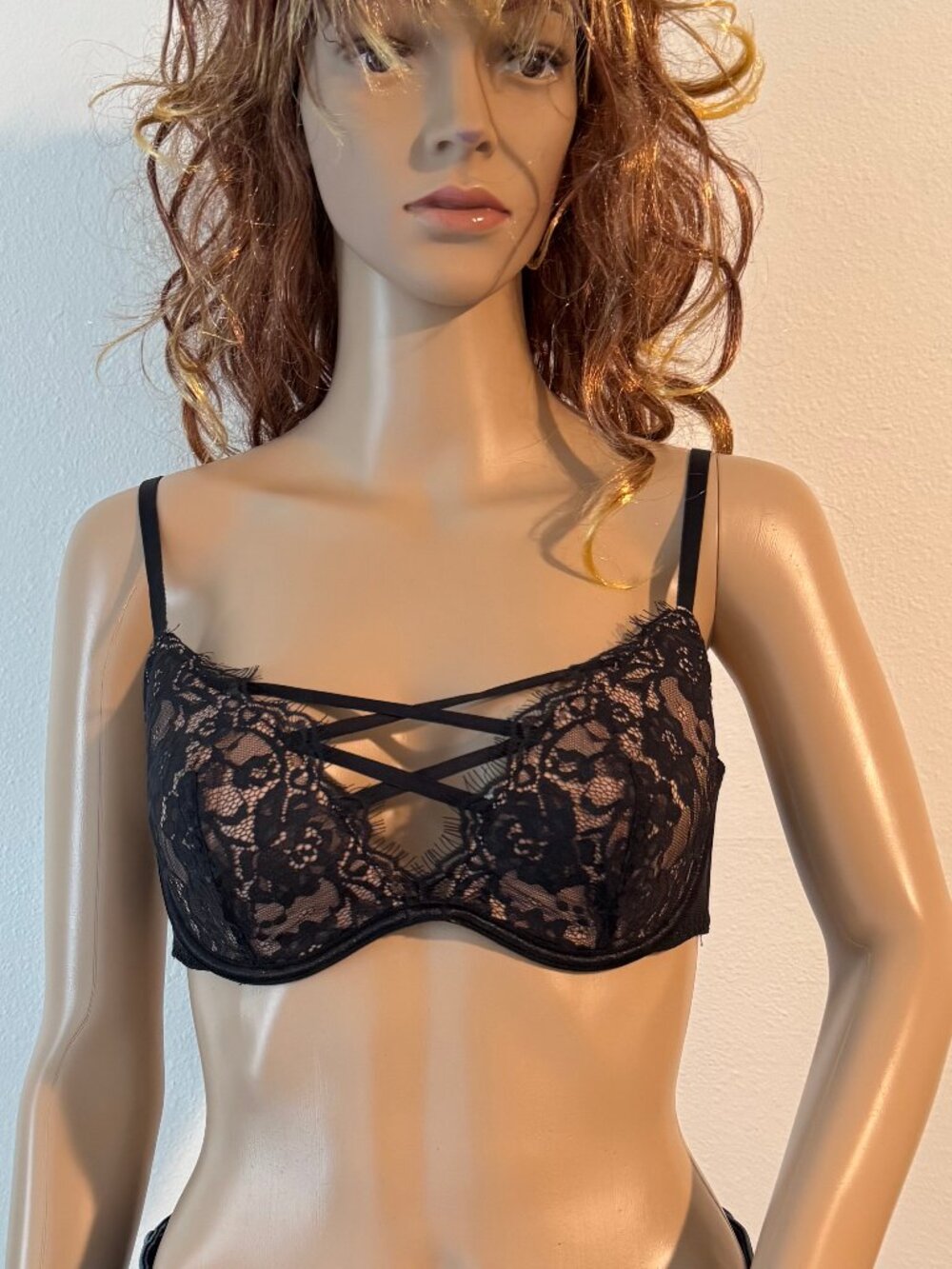 Adore Me Meeni Strappy Bra Set of 2 Black Lace Bra Size 34C Thong Panty M NWT